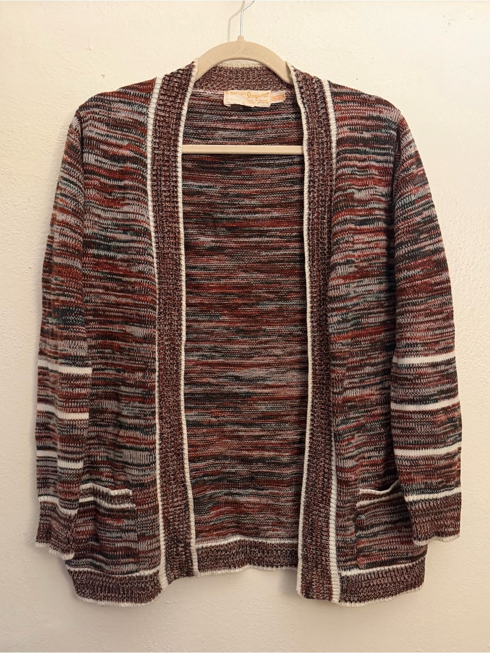 Vintage 1960s Open-Front Multicolor Knit Cardigan Sweater - Rust Mix.